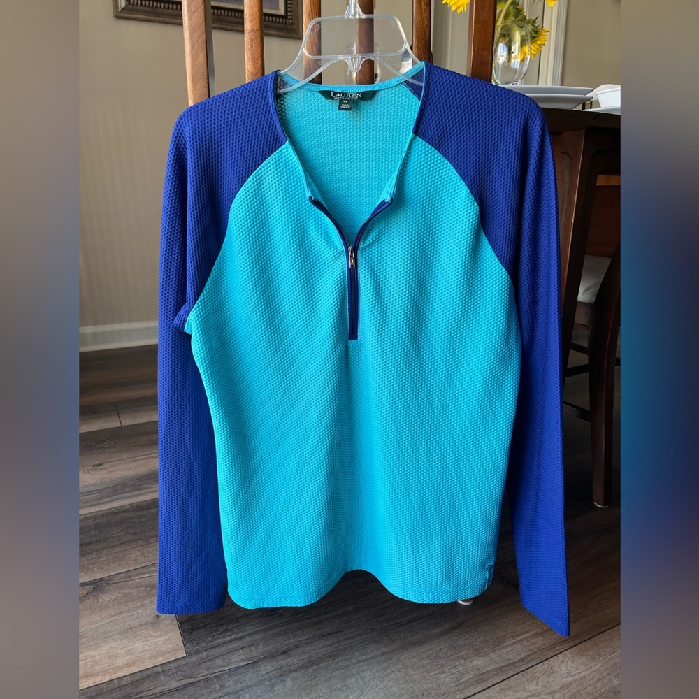 Lauren Ralph Lauren Aqua/Royal waffle pattern shirt.  1/4 Zip, Size XL! Stretchy
